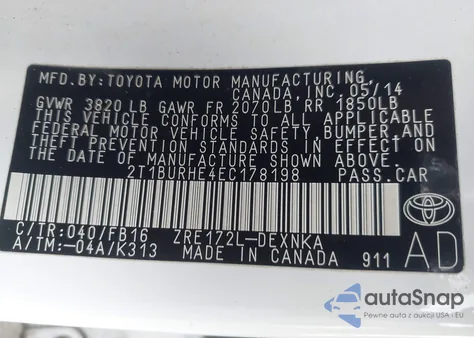 2014 Toyota Corolla Le from USA, damaged, VIN 2T1BURHE4EC178198
